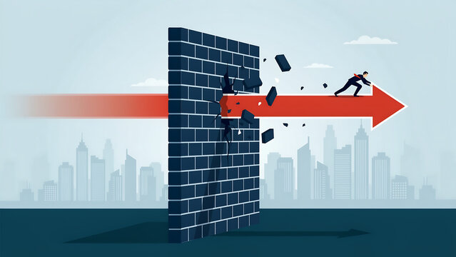 Strategic business concept showing breakthrough through a brick wall