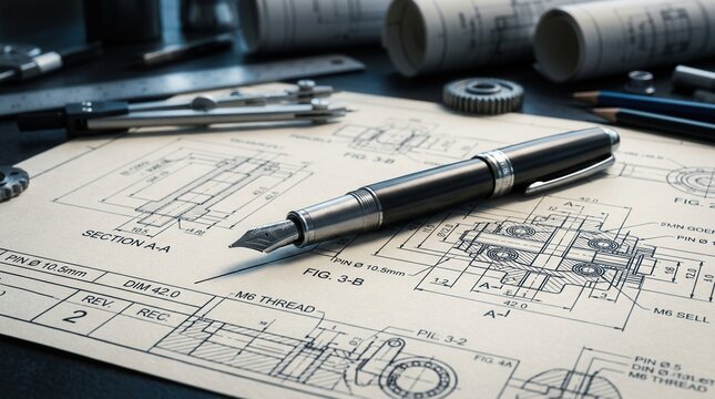 Technical blueprints and engineering tools for precision engineering project planning.