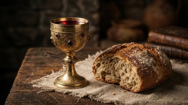 Traditional communion setting with a chalice of red wine and a loaf of bread.