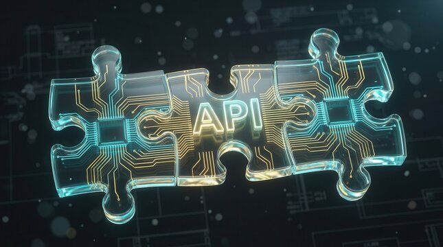 Transparent circuit puzzle pieces fitting together for API system connection.