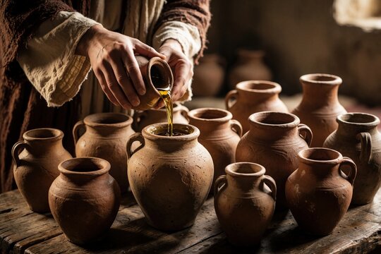 Hands pour golden oil from small jug into many clay jars. Biblical miracle scene of widow, prophet Elisha inside humble home. Liquid fills empty vessels on wooden table to show abundance, divine