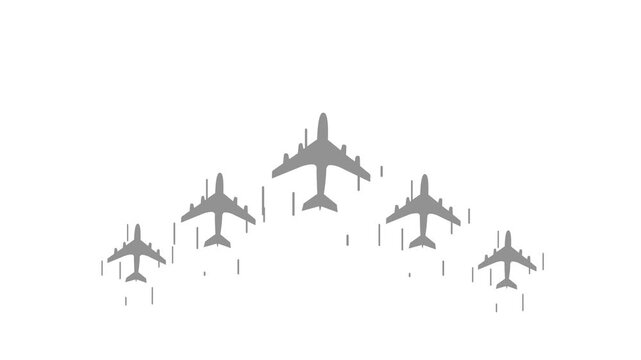 Silhouettes of five airplanes flying in formation animation
