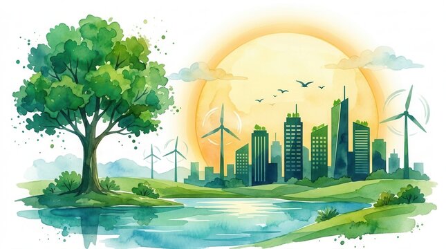 Vivid watercolor illustration of corporate social responsibility and sustainability theme.