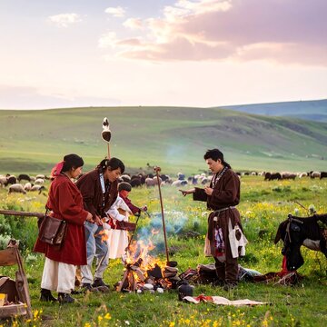 Nomadic Tibetan Herders Cooking by a Campfire on the Grasslands.