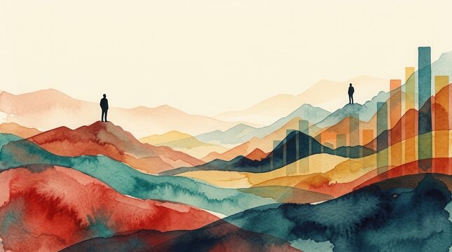 Watercolor conceptual illustration of analytics and creativity with charts rising from hills.