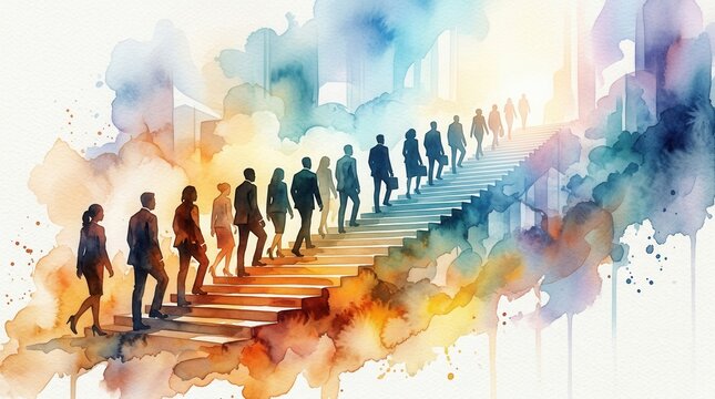 Watercolor panorama of people moving upward on a long staircase representing business progress.