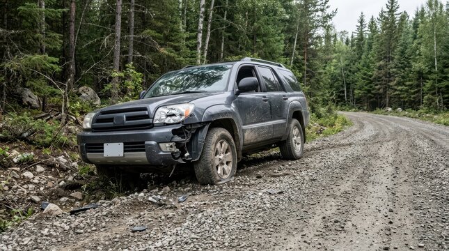 A grey suv car driving on a rough dirt road through a green pine forest in the countryside during the day