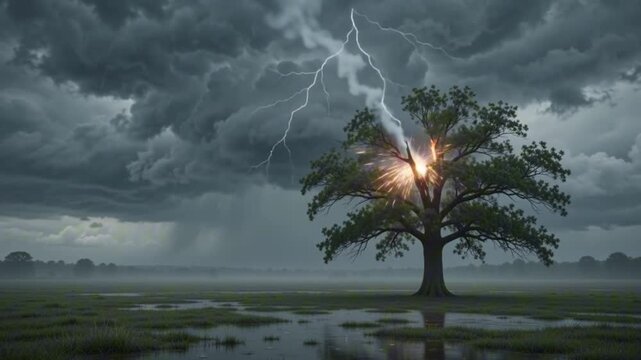 Solitary oak tree struck by lightning amidst heavy rain and stormy clouds captured in this dramatic digital motion video footage