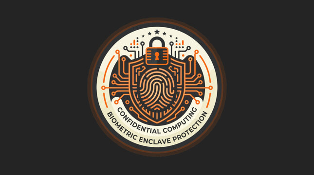 Digital biometric security shield vector featuring fingerprint and padlock for confidential computing and enclave protection