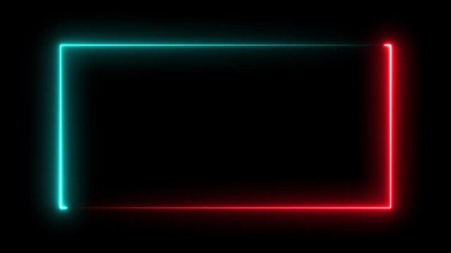 Neon rectangle border. Abstract glowing neon rectangle loading on black background, Abstract neon studio background, rectangular frame made of two moving neon lights overlay, seamless concert wall 4k