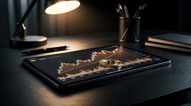 Bitcoin crypto chart on digital tablet screen. Gold bitcoin coin sits on glass surface near financial data graph. Dark office desk with lamp, pens, notebooks. Pro trader analyzes market trends, price