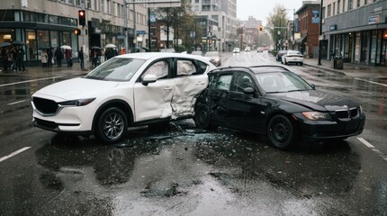 Naklejka premium White and black cars involved in a serious road traffic accident at a city intersection during a rainy day with damaged vehicles positioned in the middle of the street