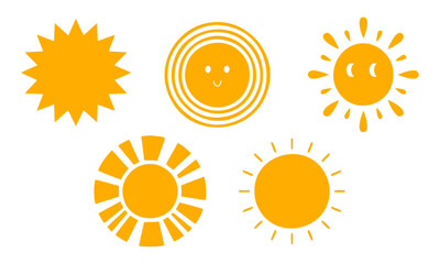 Yellow sun icon collection, set of 5 flat vector sunburst symbols, cute sunshine characters with faces, summer weather graphics for children
