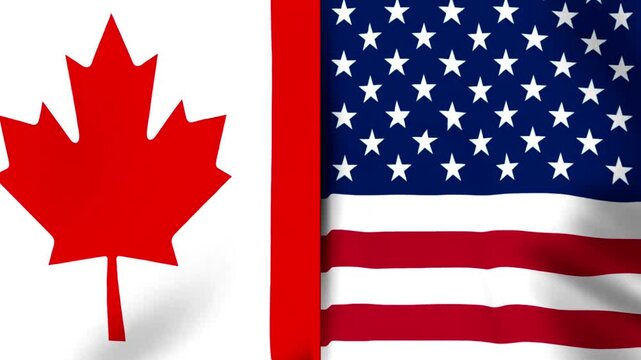 National flags of Canada and the United States of America flying together side by side in a conceptual representation