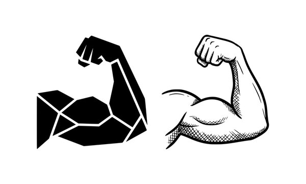 Strong muscular arm icons, geometric bicep silhouette and hand drawn flexed muscle, fitness and bodybuilding gym symbols, black and white svg