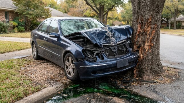 Black car crashed into a large tree on a residential street with front hood damage after a traffic accident on a sunny day