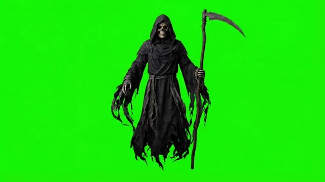 Grim Reaper holding a scythe on a green screen background