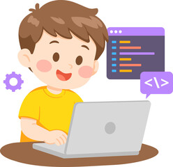 Young Boy Learning to Code on Laptop