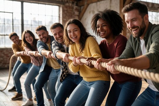 Diverse group of friends pulls thick rope in indoor game. People compete in tug of war with smiles, showing unity and strong bond. They strain together, enjoying fun activity.