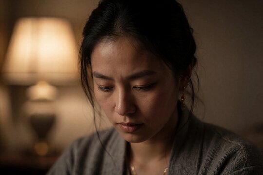 Close up portrait of young Asian woman looking down with shame, sadness. Dim warm light creates soft shadows on face in dark room. Female expresses embarrassment guilt through downcast gaze,