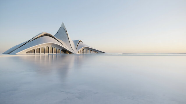 Futuristic white building with curved rooflines reflected in calm water