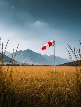 Red and white windsock on pole in field. Tall grass and mountains under cloudy sky. Air sock indicates wind direction. Meteorology device on air field.