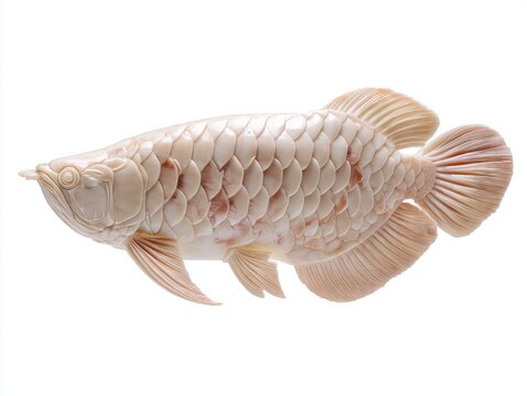 White Platinum Arowana Fish Side View Isolated On White Background With Detailed Scales