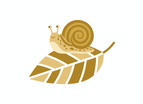 Cute brown cartoon snail with a spiral shell slowly crawling on a golden autumn leaf over a white background.