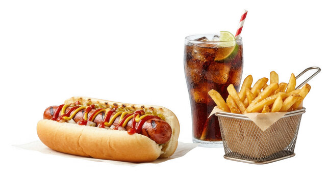 Tasty hot dog with french fries and a glass of refreshing cold soda isolated on transparent background