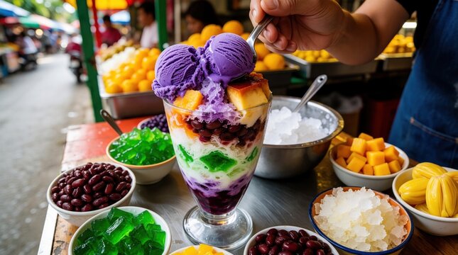 Person adds purple ube ice cream scoop to colorful Filipino halo halo dessert in tall glass. Sweet tropical treat with shaved ice, jelly, beans, fruit in street food market. Delicious summer snack