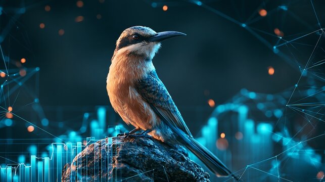 Close up of a realistic small bird perched on a rock with glowing blue digital sound waves and a geometric network grid