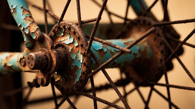 Close up view of rusted bicycle wheel hub. Old blue paint peels off metal frame. Corroded iron spokes connect to weathered hub. Vintage bike parts show heavy decay, texture from age, outdoor exposure.