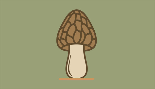 Minimalist brown morel mushroom illustration with textured cap detail isolated on a solid green forest background.
