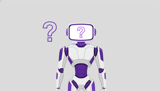 Humanoid robot with a monitor screen head displaying a question mark representing artificial intelligence and computer doubts.