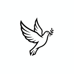 Naklejka premium Minimalist black line art of flying dove carrying olive branch representing global peace and harmony.