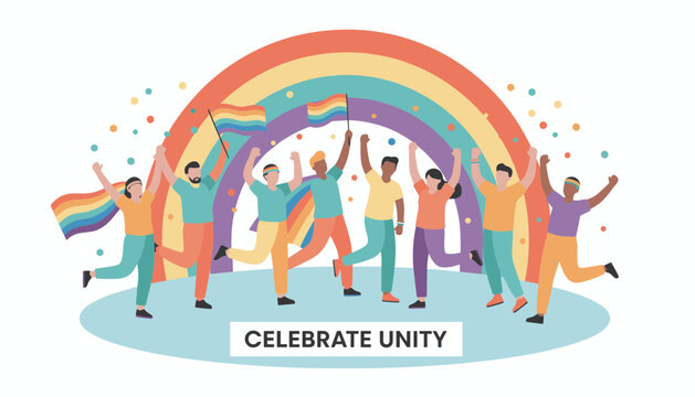 Diverse group of happy young people celebrating pride together with colorful rainbow flags and confetti on white background.