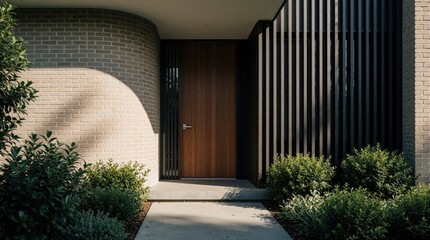 Fototapeta premium Modern house facade features rounded brick wall curved entrance with wooden door vertical louvers exterior wall panel. Rich green bushes frame walkway.