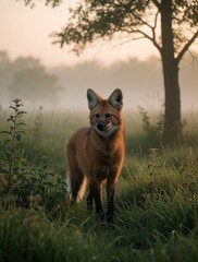 Naklejka premium Maned wolf stands in misty meadow at sunrise. This long-legged canine has reddish-brown fur and large ears, looking towards viewer. Foggy atmosphere surrounds the solitary animal.