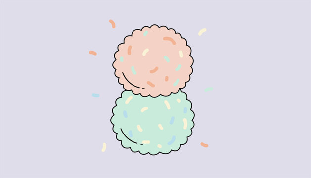 Two colorful round scoops of cookie dough or bath bombs in pink and green with sprinkles on a light purple background.