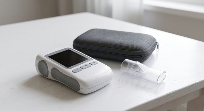 Portable digital spirometer device with mouthpiece and pouch on clean white surface for health campaigns