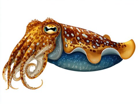 Detailed Pixel Art Cuttlefish Character With Brown Spotted Pattern And Blue Accents On White Background