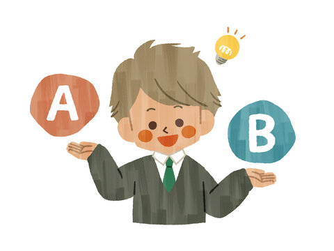 比較をしている笑顔の男子学生-ガッシュ