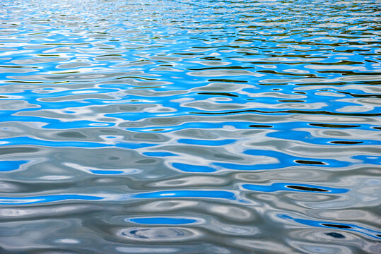 Soft, rippled water background with reflections of a blue sky and gray clouds.