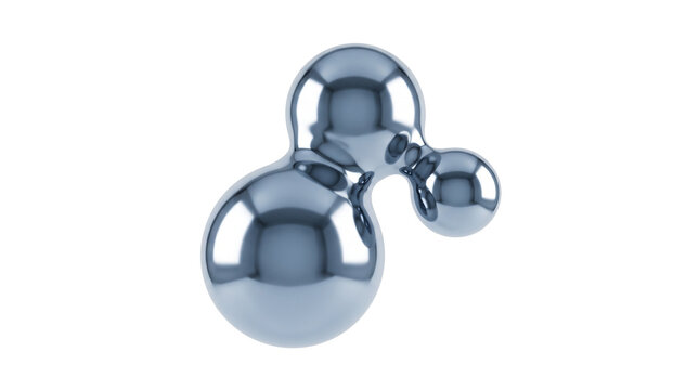 Metallic liquid mercury drops, reflective chrome spheres on white background, abstract silver fluid metaballs for science and tech