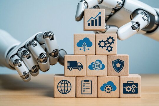 Robot hands stack wooden blocks with blue icons. Artificial intelligence concept shows cloud computing, logistics, data security, business growth. Robotic arm builds digital system with smart tech