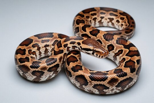 Sumatran short-tailed python coils on gray background. Nonvenomous reptile shows patterned skin and reptilian head. Wild snake display detail and natural beauty for education or design.