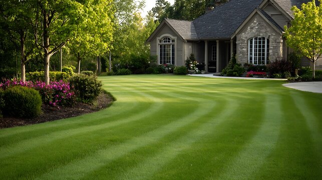 A beautiful residential home with a perfectly manicured lawn featuring curved mowing stripes. Ideal for landscaping, real estate, and exterior home improvement concepts.