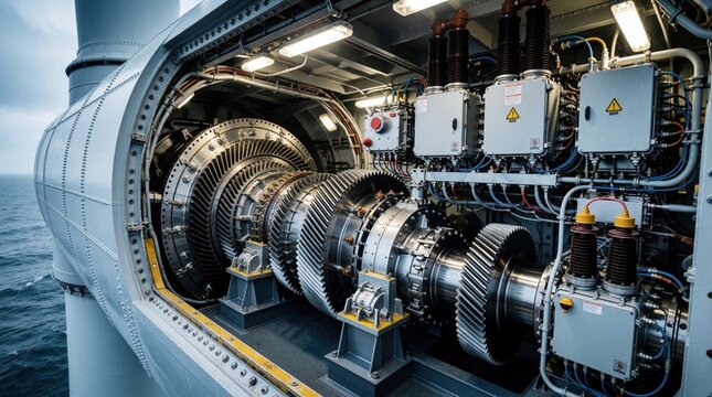 Inside view of offshore wind turbine nacelle reveals complex gearbox and electrical components. Giant gears and wires inside wind power generator on stormy sea.