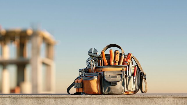 Close up of a heavy duty tool bag stuffed with hand tools on concrete with a blurred construction building in the background