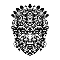Fototapeta premium Tribal Mask Tattoo Design with Feathers and Ornate Details